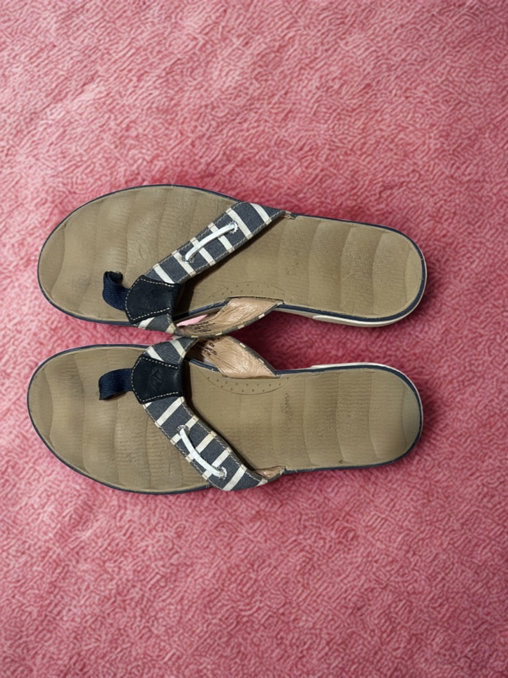 Sperry Navy Striped Thong Sandals with Tan Footbed
